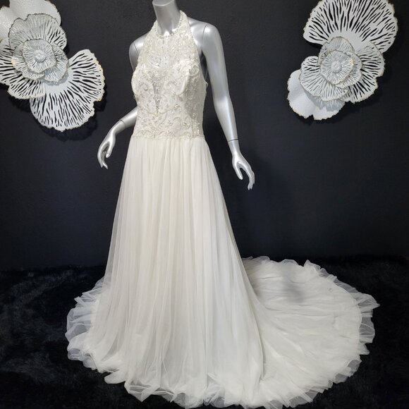 NWT~$1750~SOPHIA TOLLI~12~IVORY BEADED LACE FIT & FLARE HALTER WEDDING DRESS - Picture 1 of 16